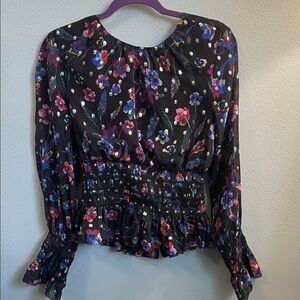 Nicole Miller Black Silk Blouse with Colorful Floral Design